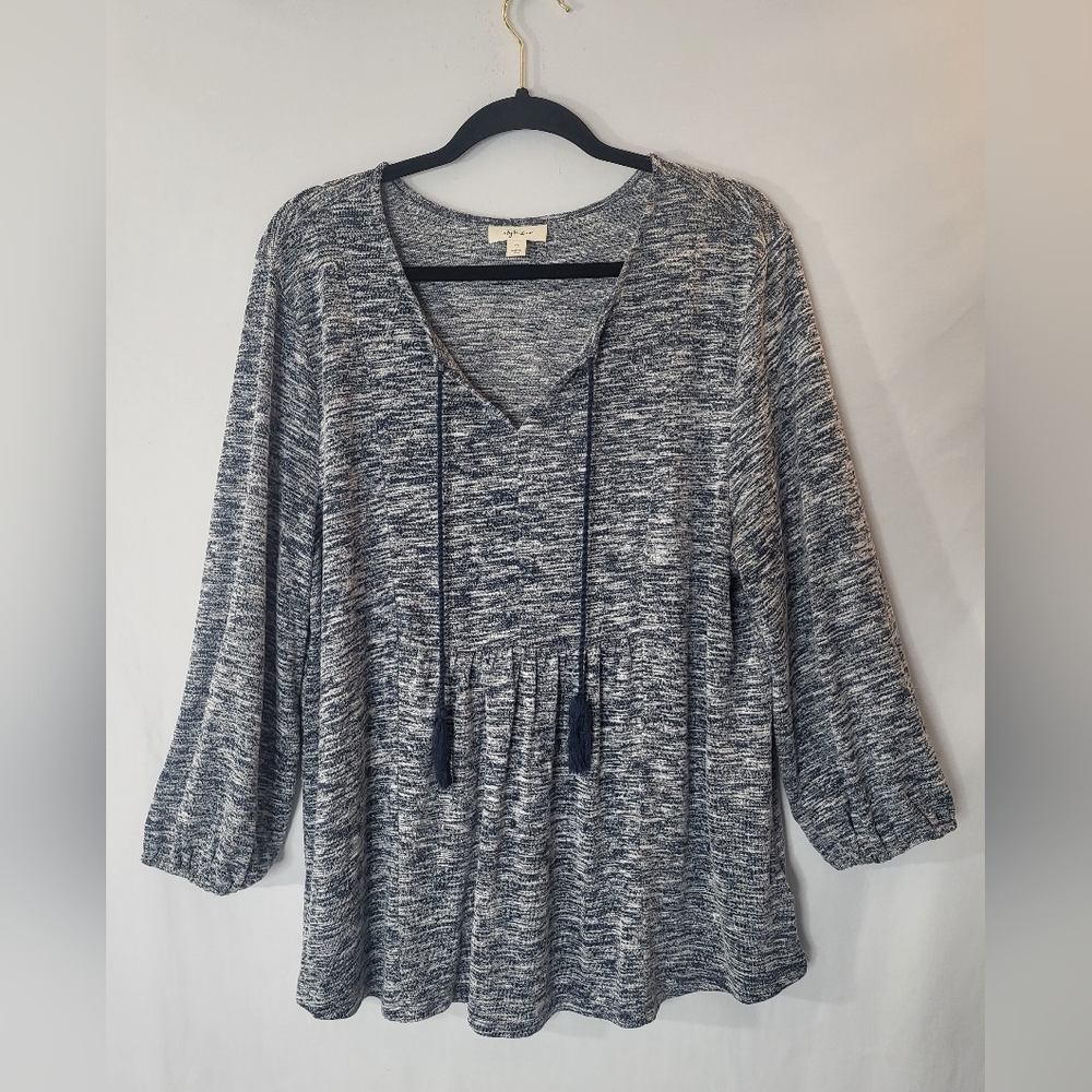 Style & Co Tassel Split Neck Babydoll Blouse 3/4 Sleeve Space Dye Navy sz. XL